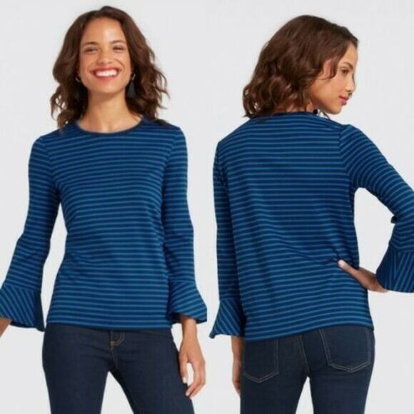 Draper James Sadler Striped Ponte Knit Bell Sleeves Shirt Rayon Small - Picture 1 of 13